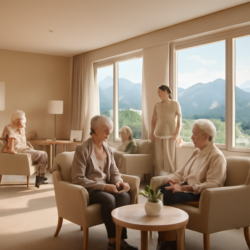 Illustration of Olivorn sanatorium with warm communal spaces and alpine view