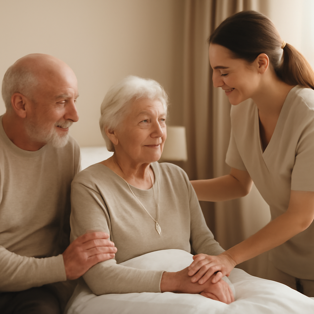 Illustration of pensioners receiving gentle care in a sanatorium setting