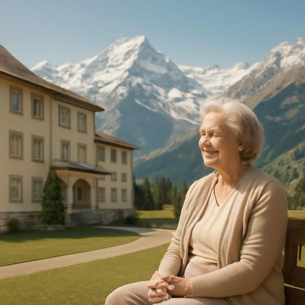 Illustration: tranquil sanatorium setting in alpine landscape