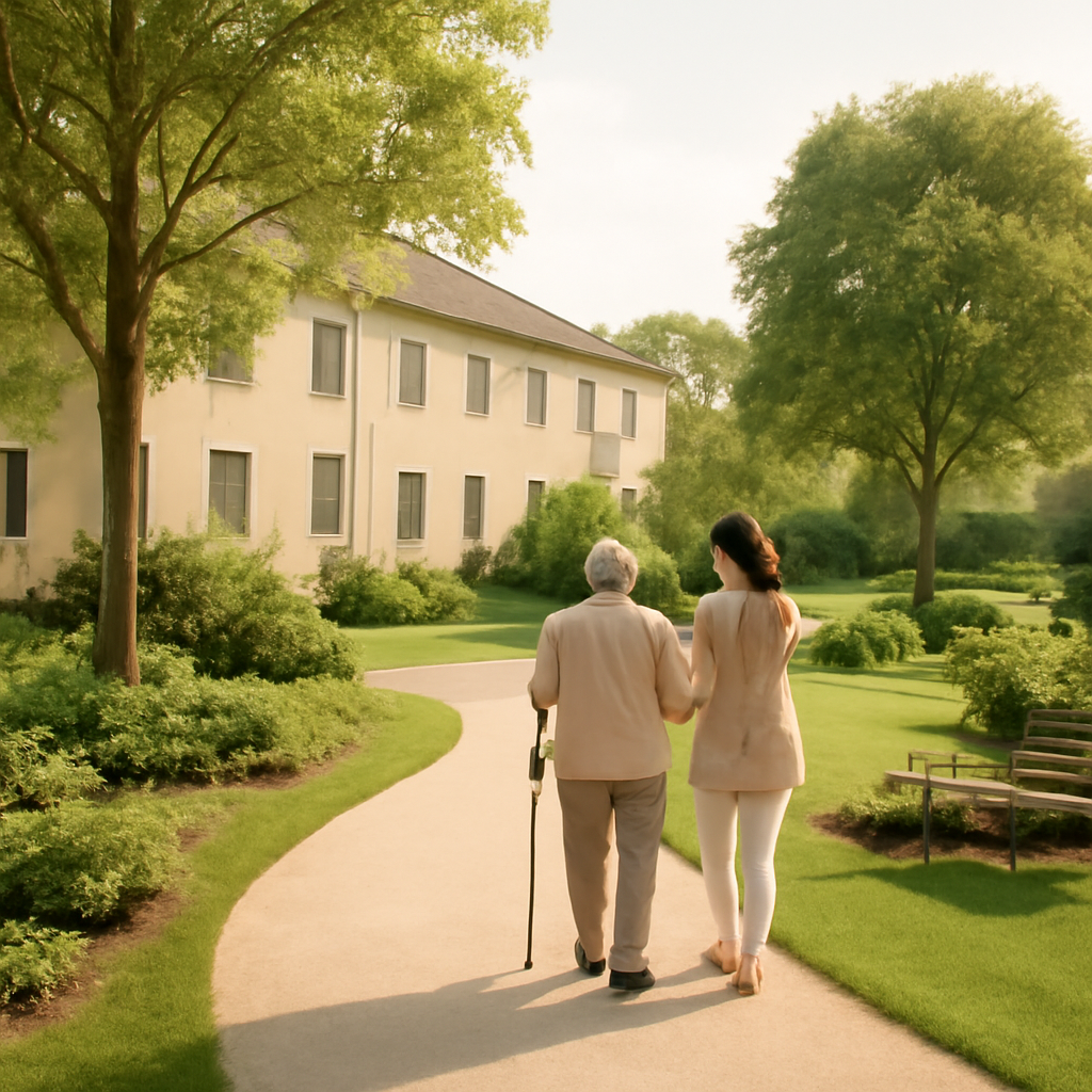 Illustration of a peaceful sanatorium garden and walking paths